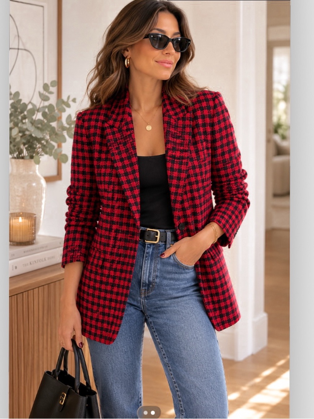 Vintage Pendleton Women’s Wool Blazer Size 12 Tall Red Black Houndstooth USA